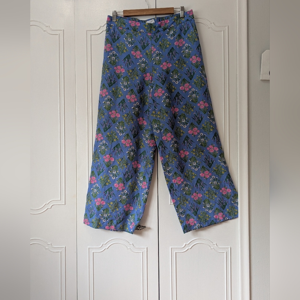 LOFT Women's Floral Wide Leg Pants Blue and Pink-pockets- Elastic Waisted SzMP